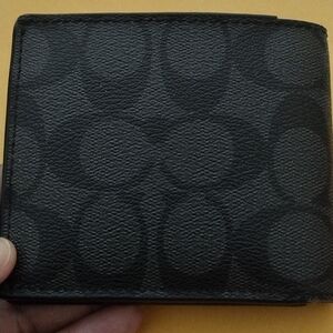 AUTHENTIC MEN'S COACH MONOGRAM WALLET WITH COIN POUCH; BLACK AND CHARCOAL